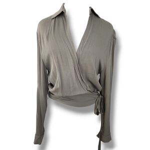 Mable Olive Green Crop Front Tie Top Blouse Long Sleeve Size S Wrap V-neck Guaze